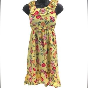 Charter Club floral print yellow‎ sleeveless ruffle collar elastic waist dress L